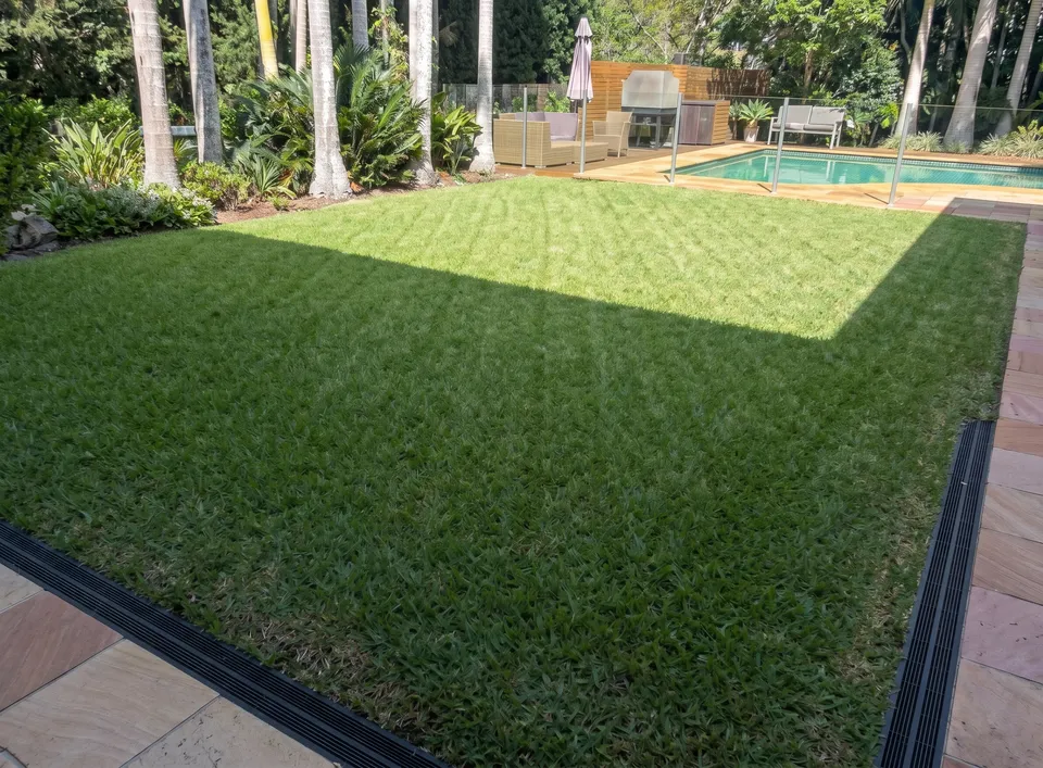 Freshly mowed back lawn beside a pool with sandstone paving and a crisp edge, Upper North Shore